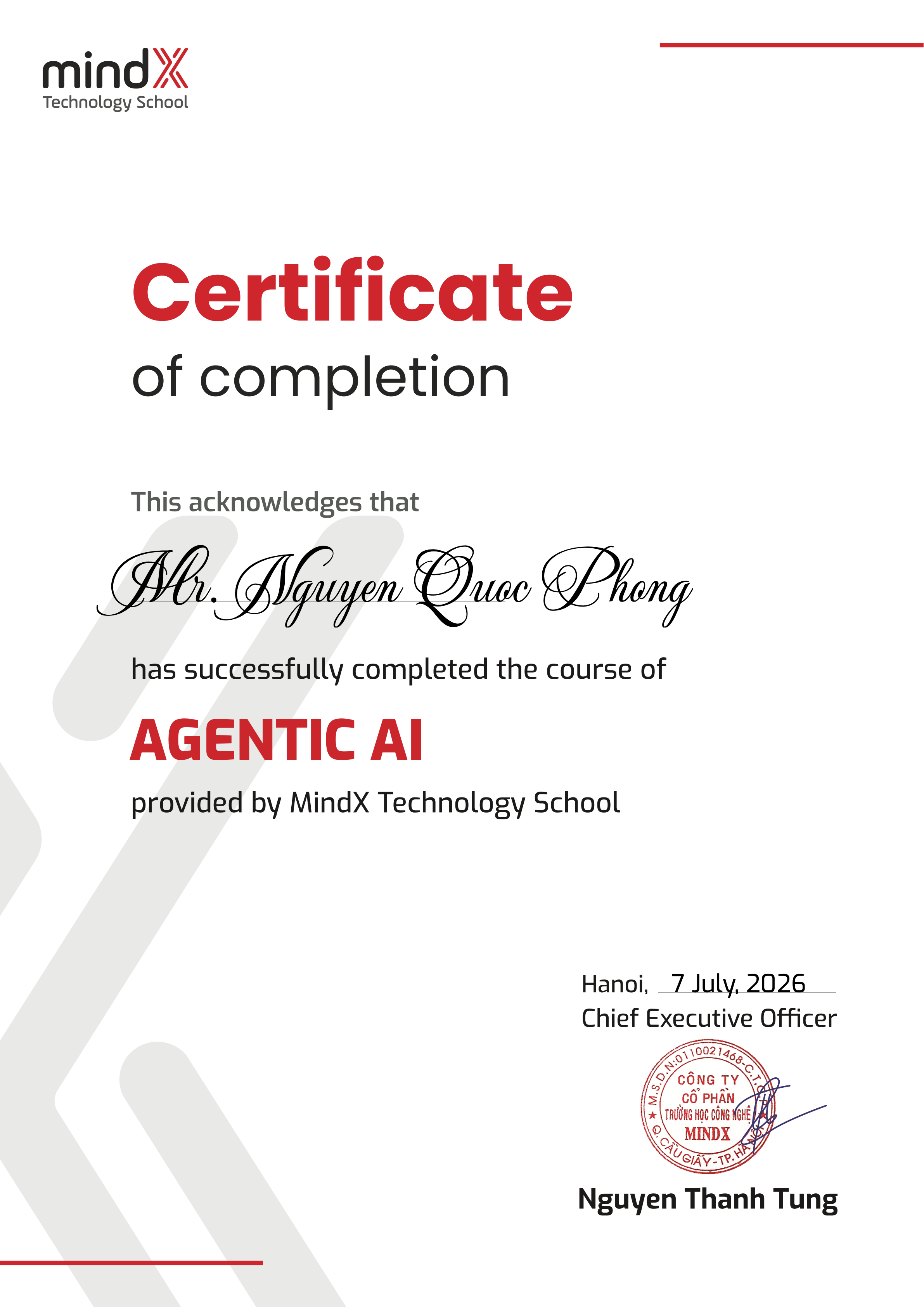 Certificate of Completion - Agentic AI - Mr. Nguyen Quoc Phong - MindX Technology School